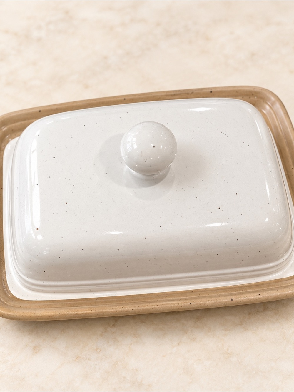 Speckled Ceramic Butter Dish in White and Tan